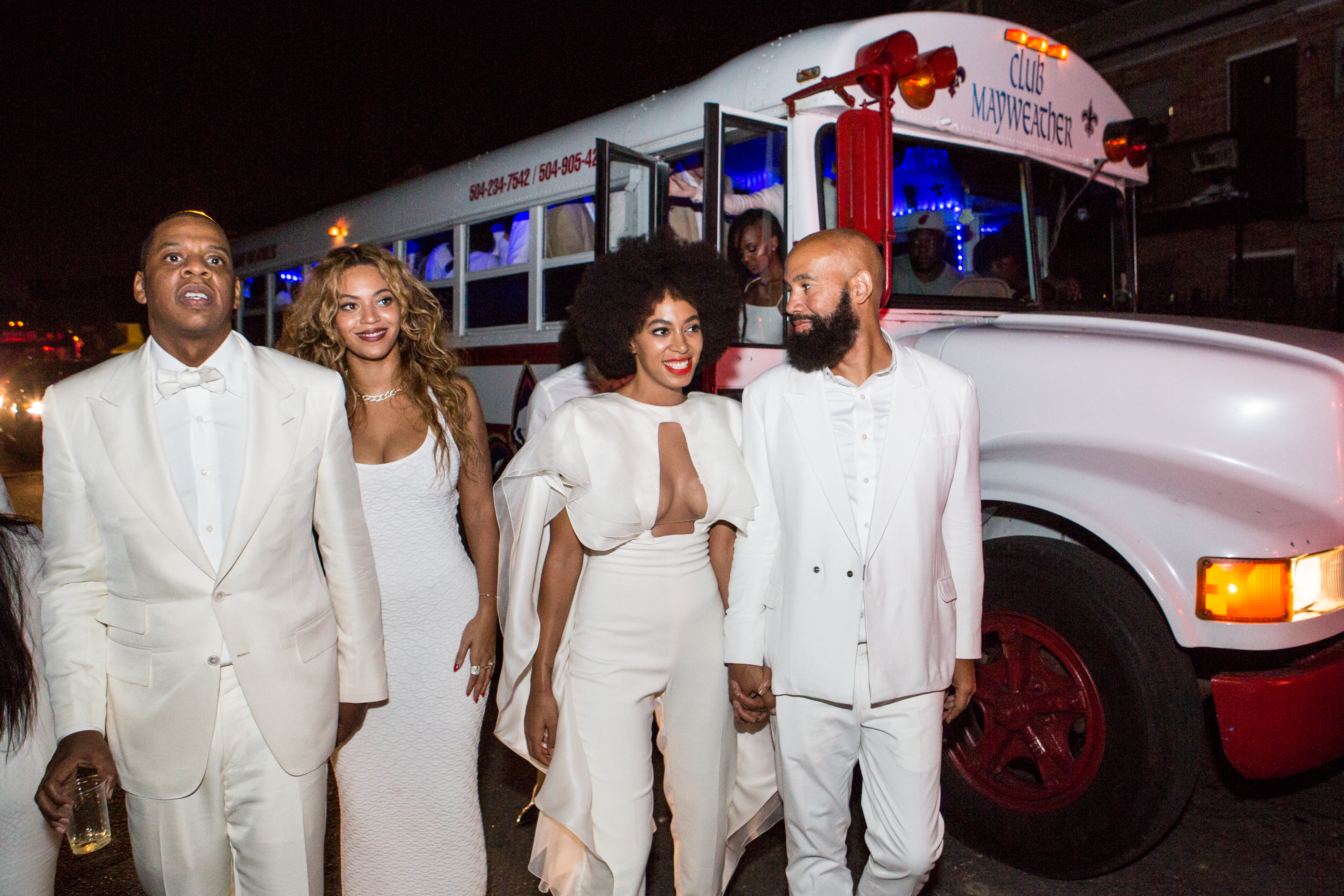 Jay-Z, Beyonce, Solange Knowles, and her newly-wedded husband Alan Ferguson, after their New Orleans wedding on November 16, 2014 | Source: Getty Images