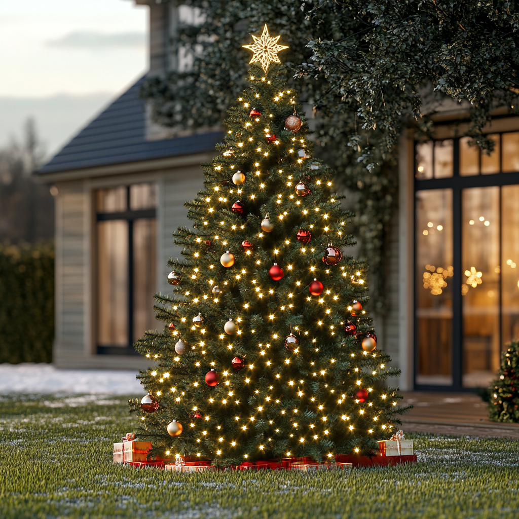 A beautiful Christmas tree outside a house | Source: Midjourney