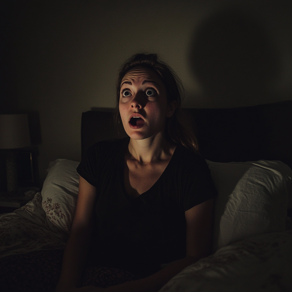 A shocked woman sitting in bed | Source: Midjourney