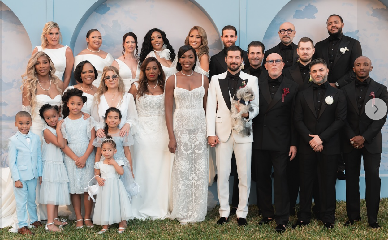 A photo of Venus Williams with her husband Andrea Preti, Serena Williams and other friends and family on her wedding day, seen from a post dated December 23, 2025. | Source: Facebook/SerenaWilliams