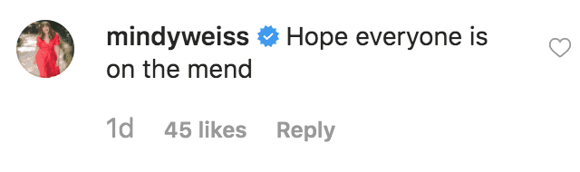 Mindy Weiss comments on Jessica Simpson's instagram post after she reveals that her family are recovery from an illness outbreak | Source: instagram.com/jessicasimpson