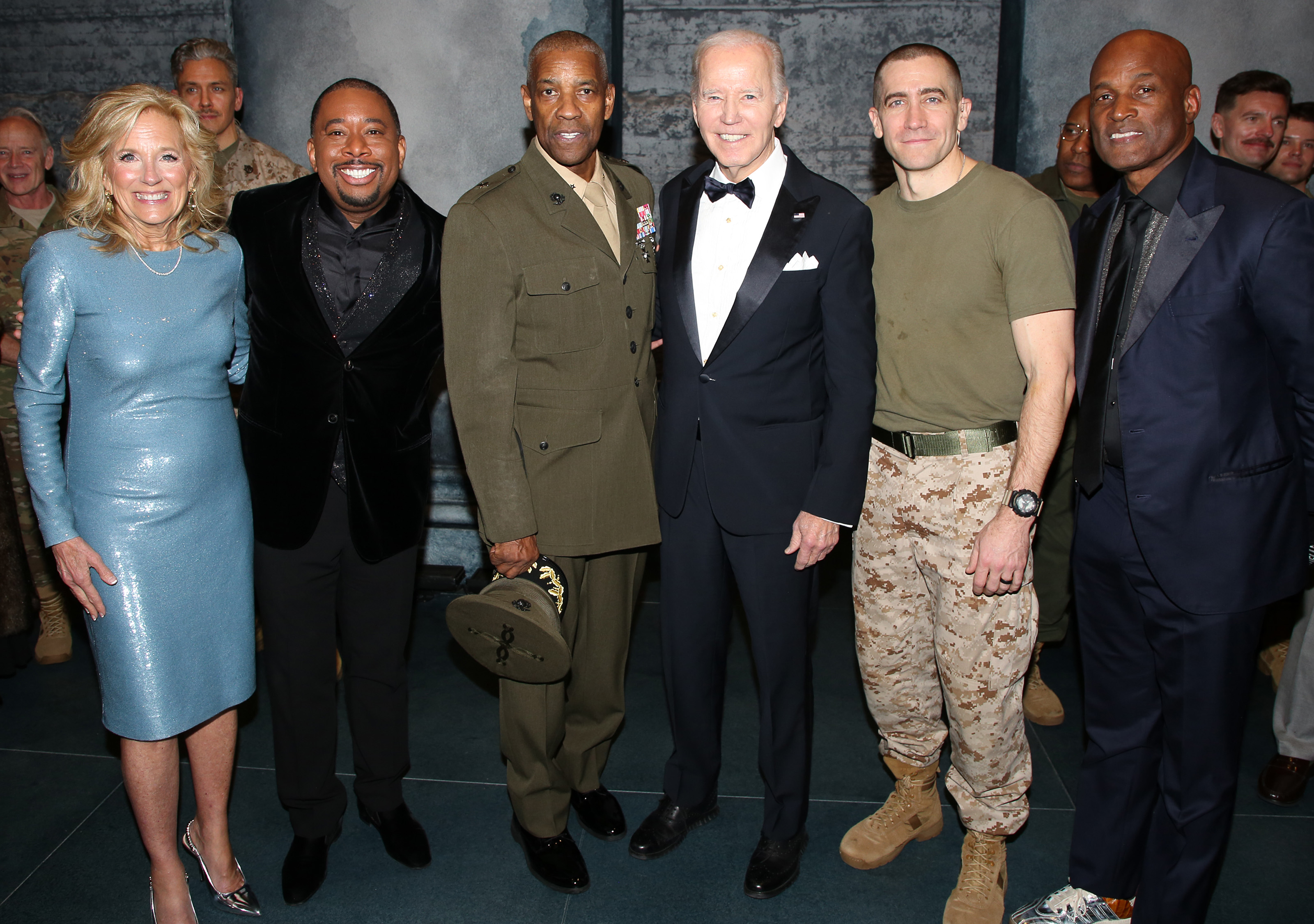 Dr. Jill Biden, Brian Moreland, Denzel Washington, Joe Biden, Jake Gyllenhaal, and Kenny Leon pose backstage on the opening night of "Othello" on Broadway at The Barrymore Theatre in New York City, on March 23, 2025 | Source: Getty Images