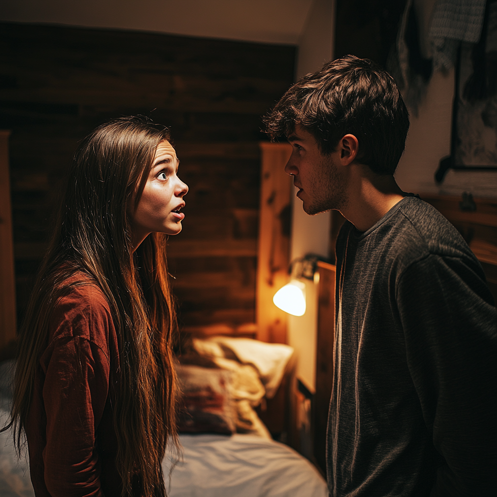 A shocked girl talking to her brother | Source: Midjourney