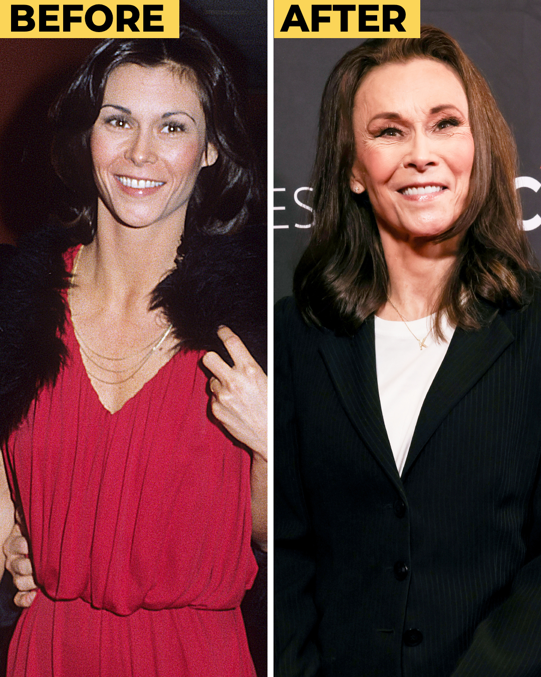 A side-by-side image contrasts Kate Jackson in her early career with her appearance decades later, highlighting her enduring presence as fans reflect on her evolving look.