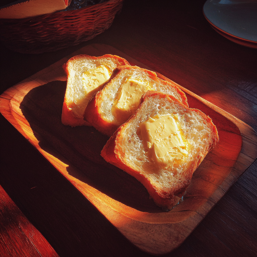 Buttered bread on a wooden board | Source: Midjourney