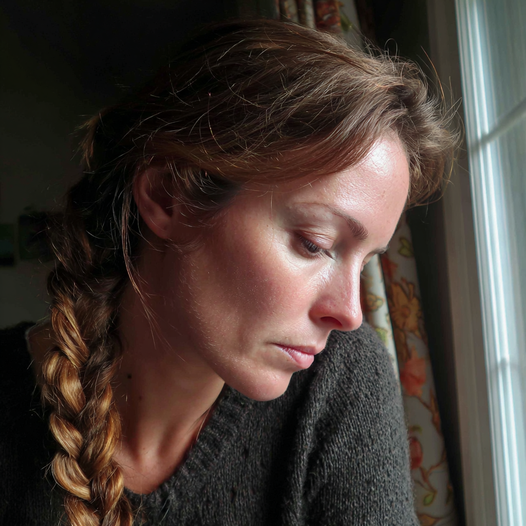 An upset woman sitting by a window | Source: Midjourney