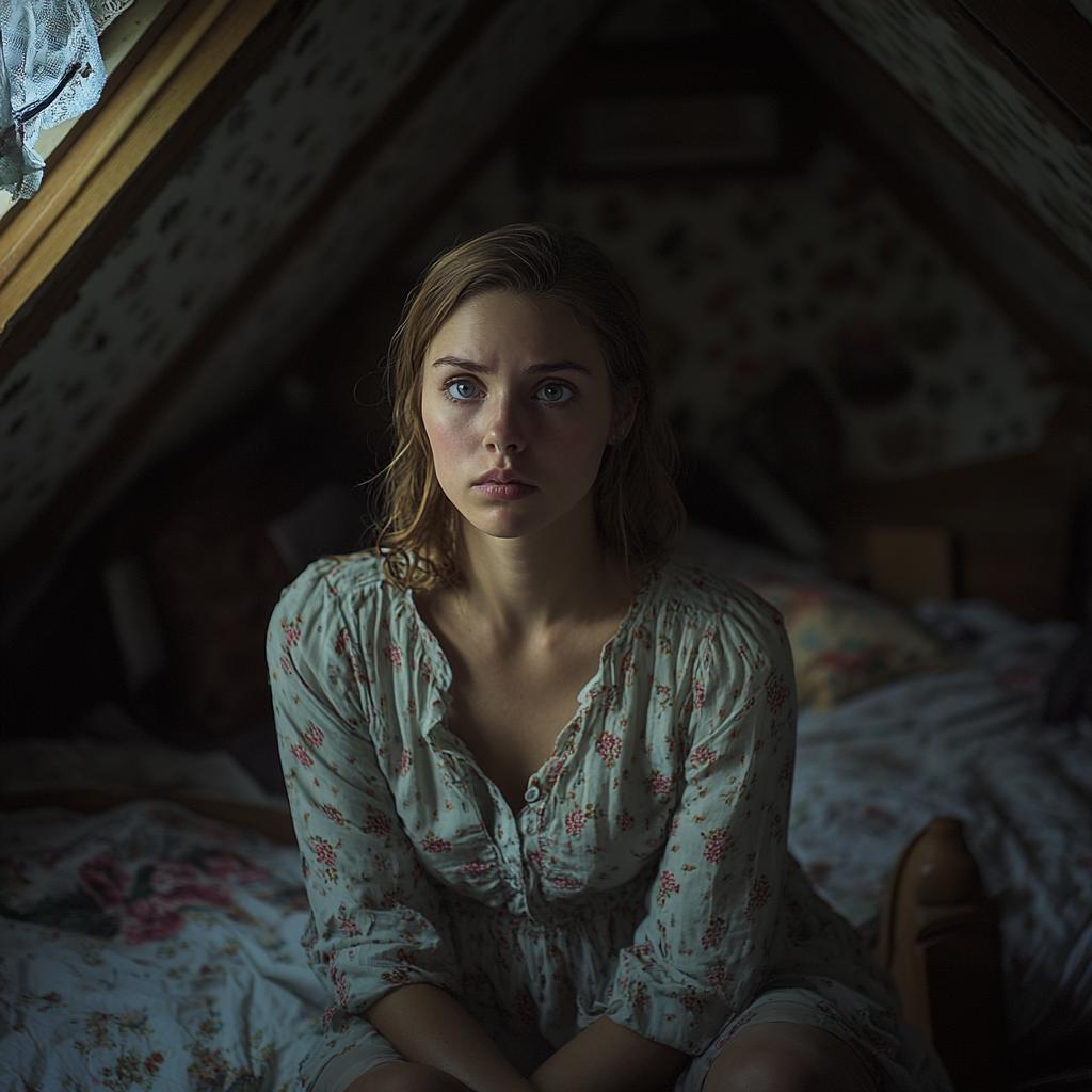 A woman sitting in an attic and looking at someone | Source: Midjourney