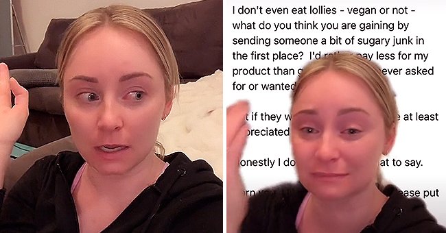 Carissa Collins in tears [left]; Carissa Collins in tears with a snapshot from one of her customer’s emails behind her [right]. | Source: tiktok.com/@tlcbody