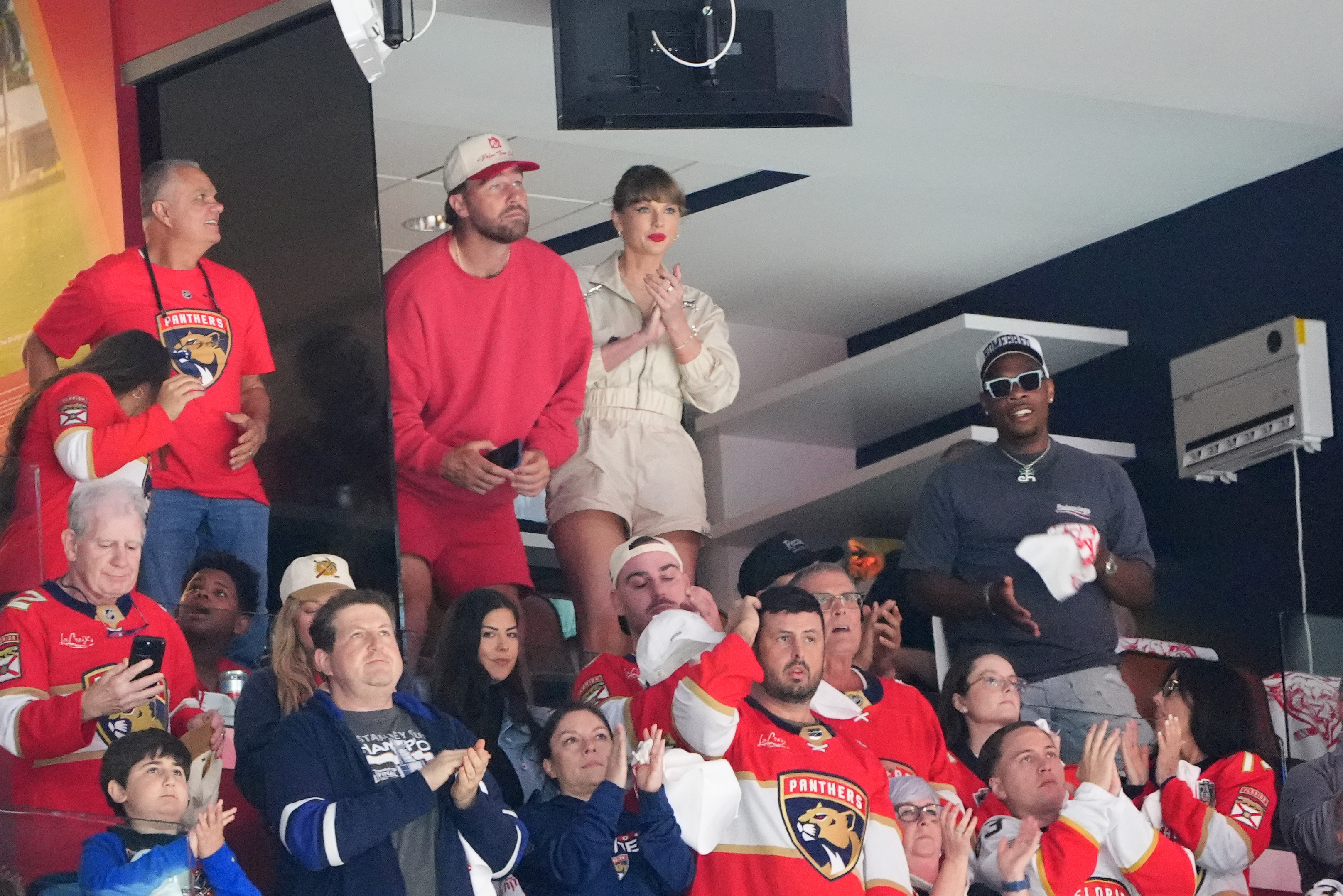 Travis Kelce and Taylor Swift during the first period of Game Four of the 2025 Stanley Cup Final at Amerant Bank Arena on June 12, 2025, in Sunrise, Florida | Source: Getty Images