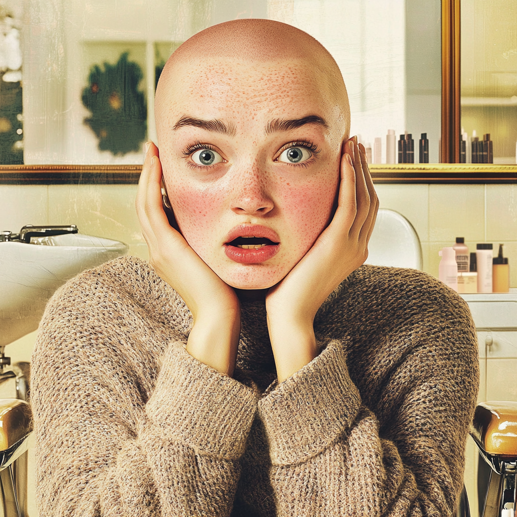 A shocked woman sitting in a hair salon | Source: Midjourney