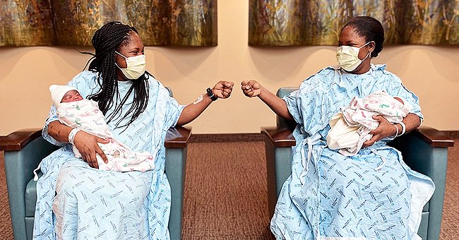 Twin sisters, Kehinde Adedayo and Taiwo Aluko holding their children who were born 48 hours apart. | Photo: Twitter/CBSDFW