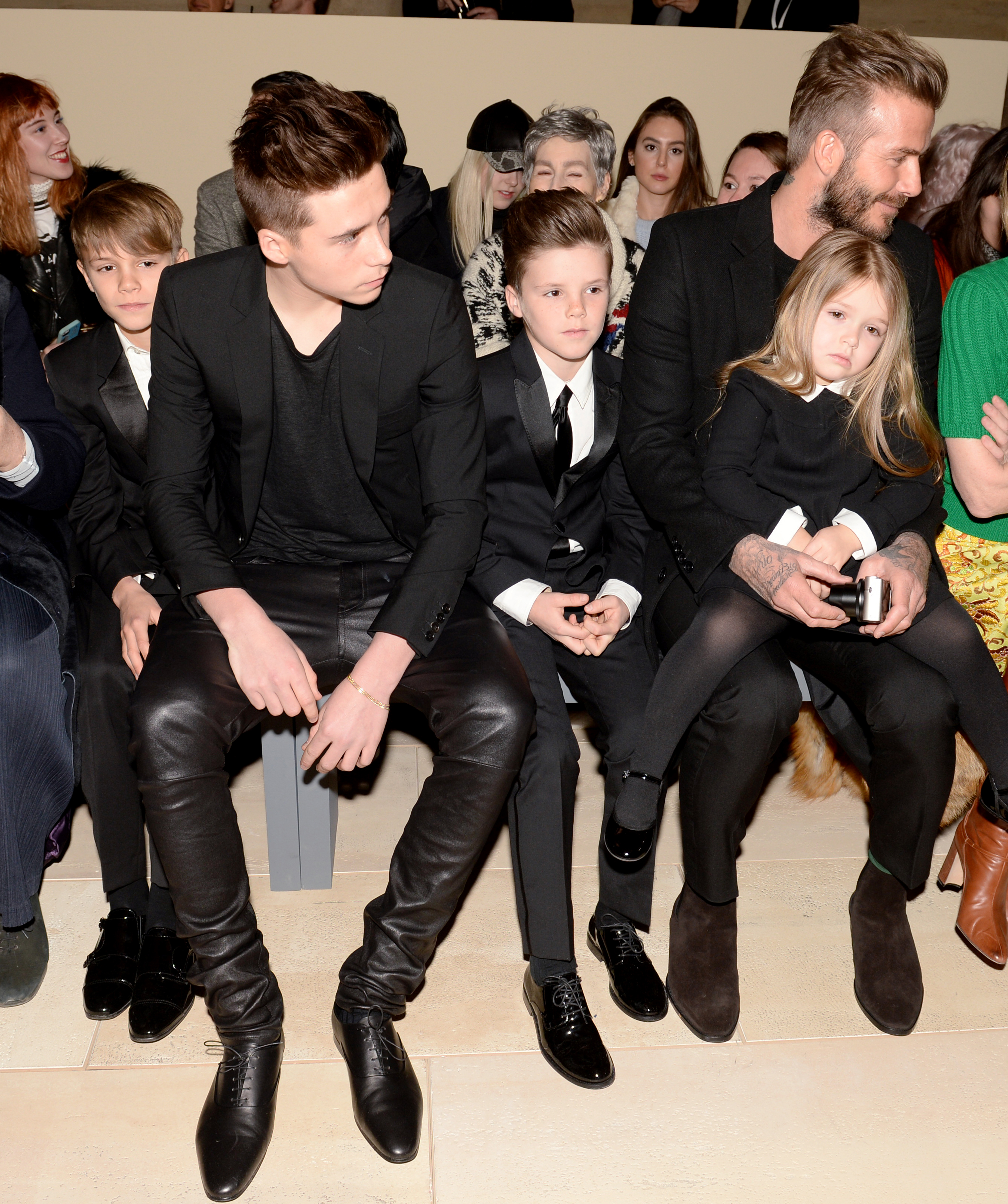 Romeo, Brooklyn, Cruz, David, and Harper Beckham at Victoria Beckham's Fall 2015 show in New York City | Source: Getty Images