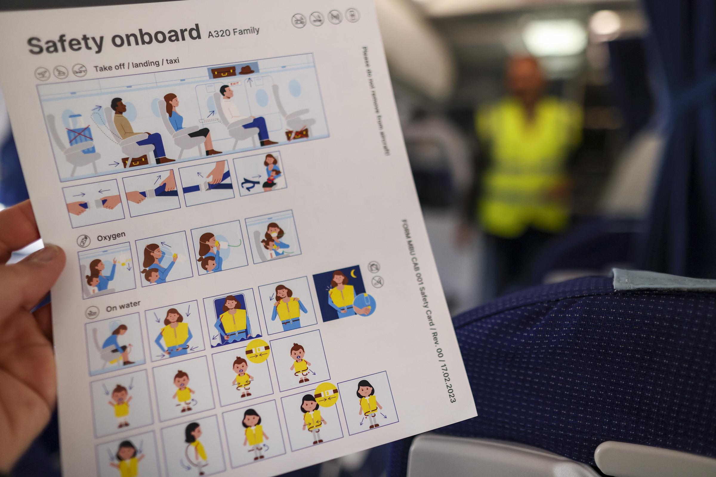 View of the safety instructions in an Airbus | Source: Getty Images