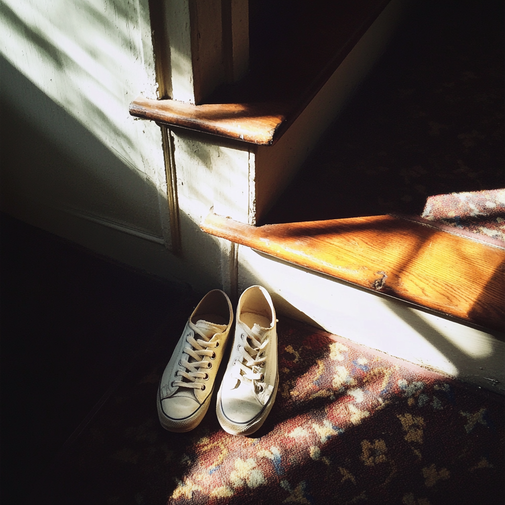 A pair of sneakers at the bottom of a staircase | Source: Midjourney