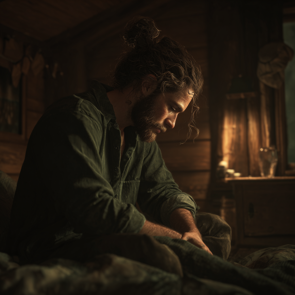 A man sitting on a bed looking upset | Source: Midjourney