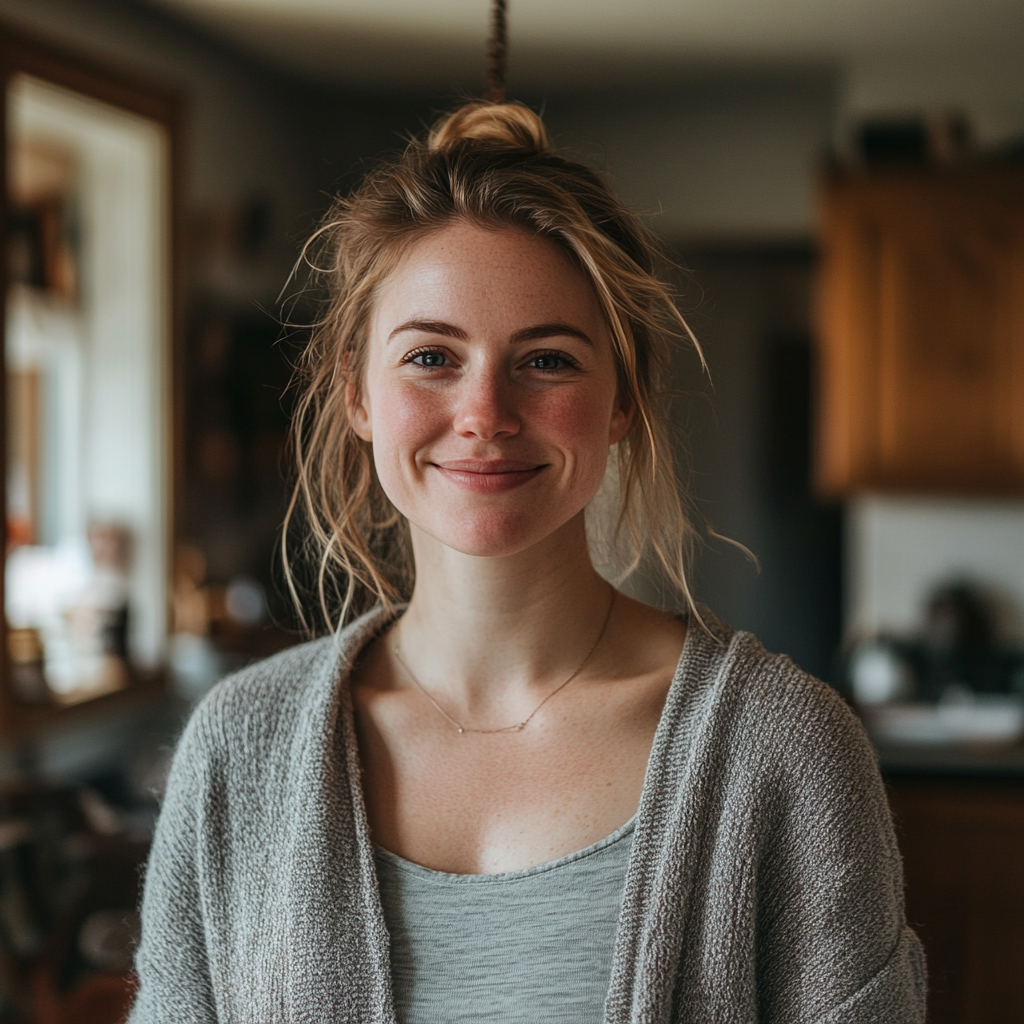 Uma mulher sorridente em pé dentro de uma casa | Fonte: Midjourney