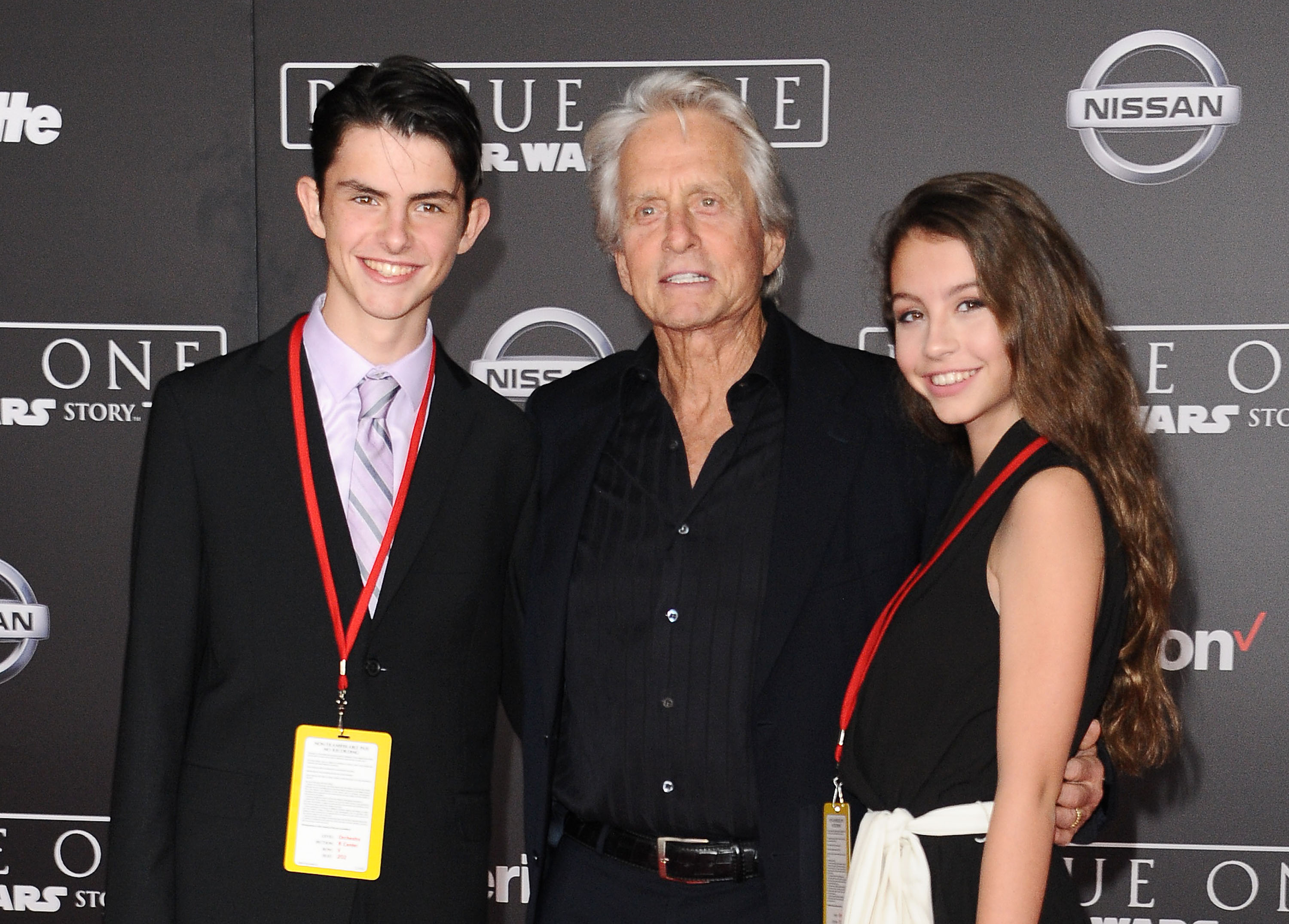 (L-R) Dylan Michael Douglas, actor Michael Douglas, and Carys Zeta Douglas attend the premiere of "Rogue One: A Star Wars Story" at the Pantages Theatre on December 10, 2016, in Hollywood, California | Source: Getty Images