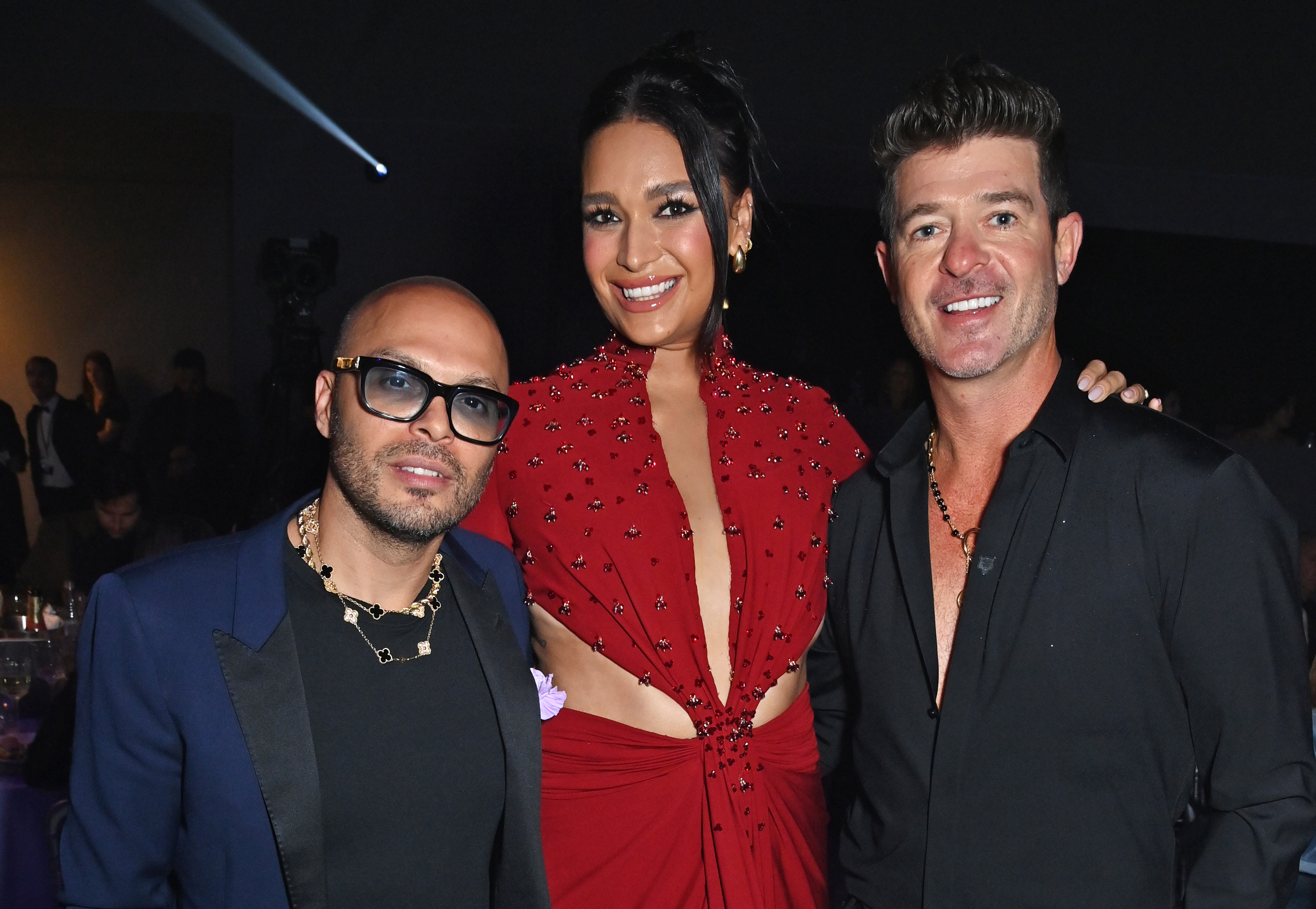 Richie Akiva, April Love Geary, and Robin Thicke attend the amfAR Cannes Gala 2023 at Hotel du Cap-Eden-Roc on May 25, 2023, in Cap d'Antibes, France. | Source: Getty Images