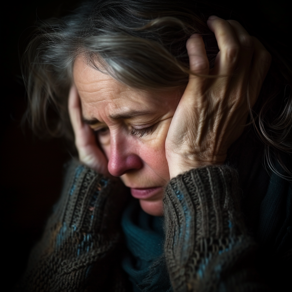 An older woman holding her head | Source: Midjourney