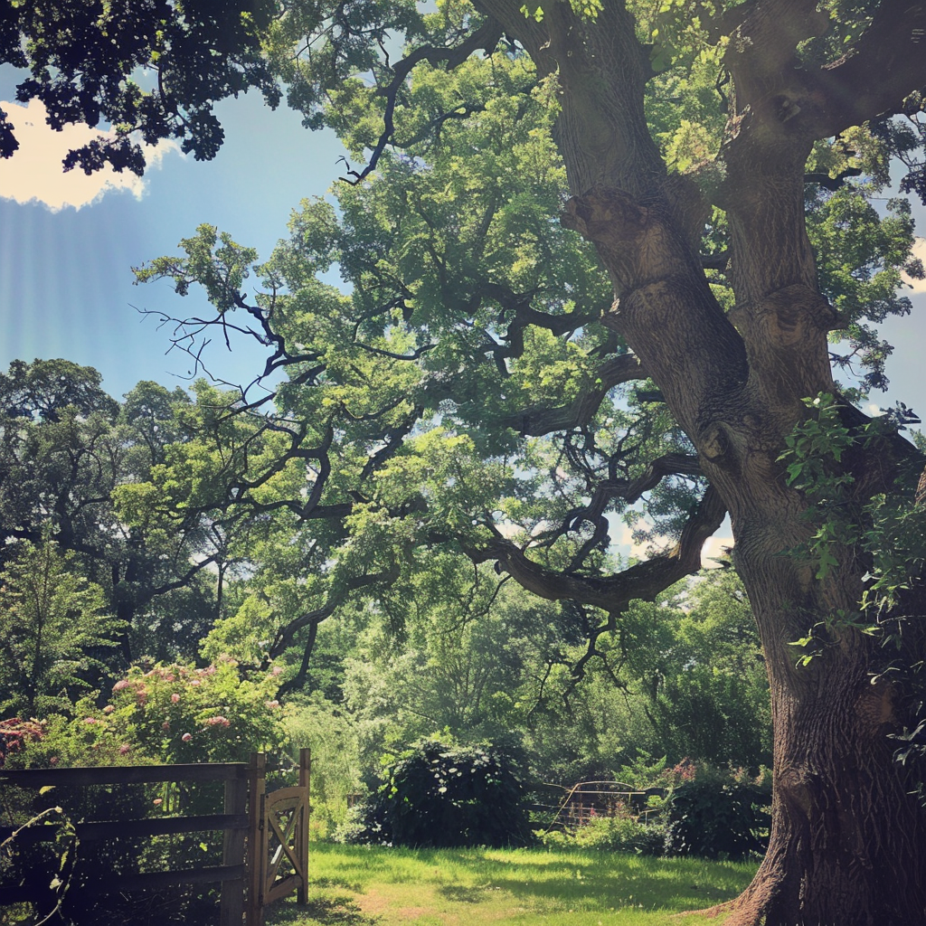 An oak tree in a garden | Source: Midjourney