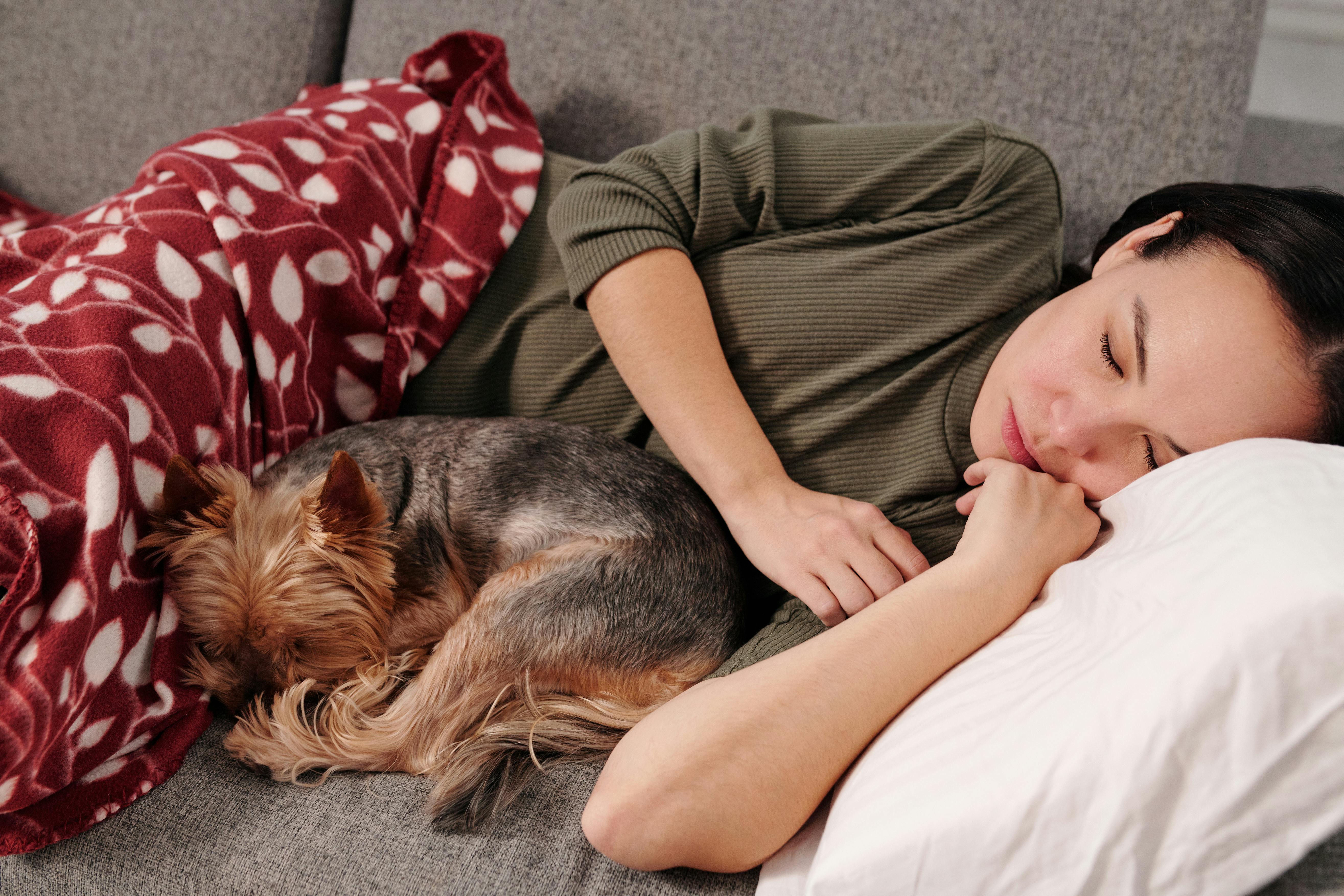 A woman sleeping on a chouch with her dog | Source: Pexels