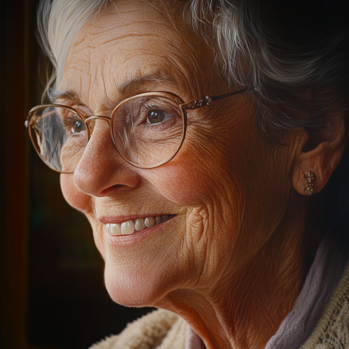 An elderly woman smiling as she looks at something out of frame | Source: Midjourney