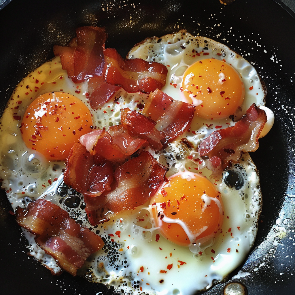 Eggs and bacon in a frying pan | Source: Midjourney
