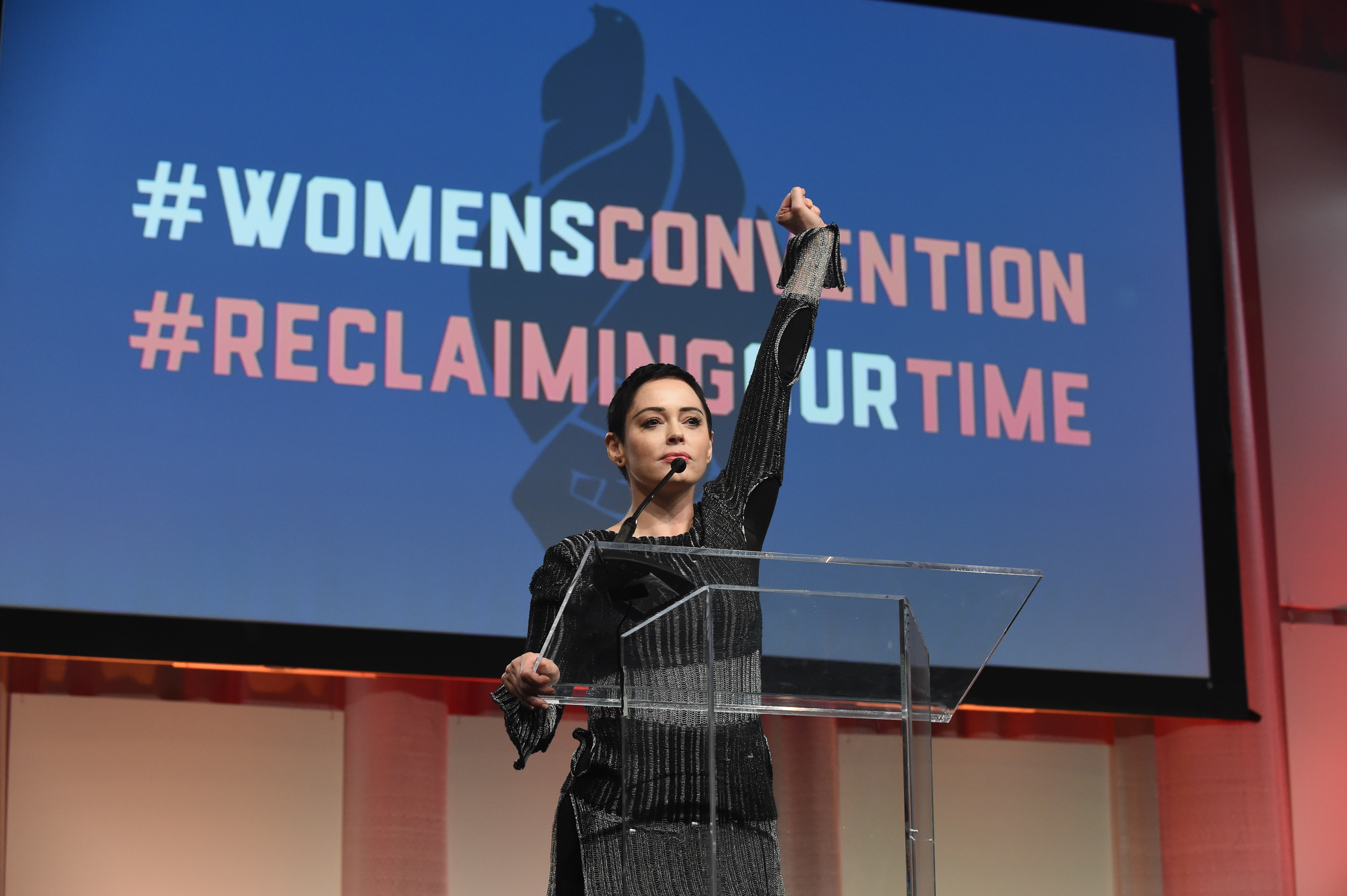 Rose McGowan speaks on stage at The Women's Convention in Detroit, Michigan, on October 27, 2017. | Source: Getty Images