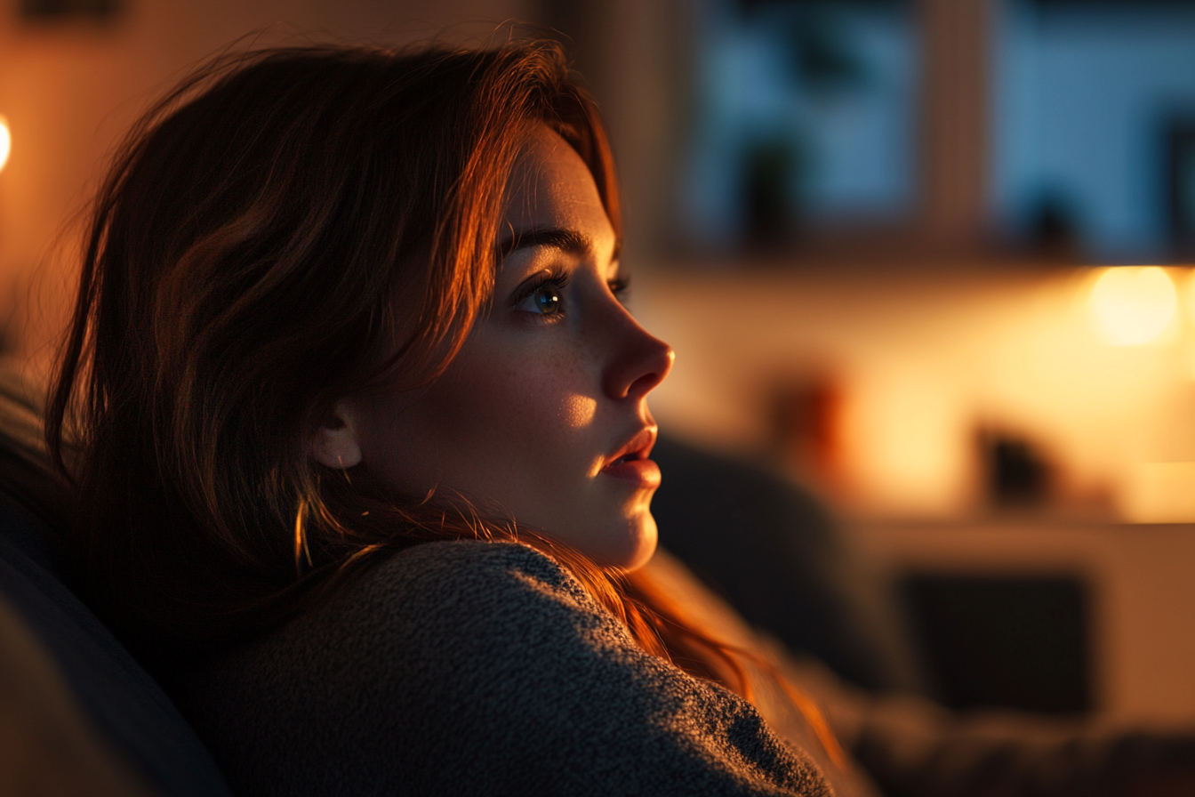 A young woman sitting on the couch | Source: Midjourney