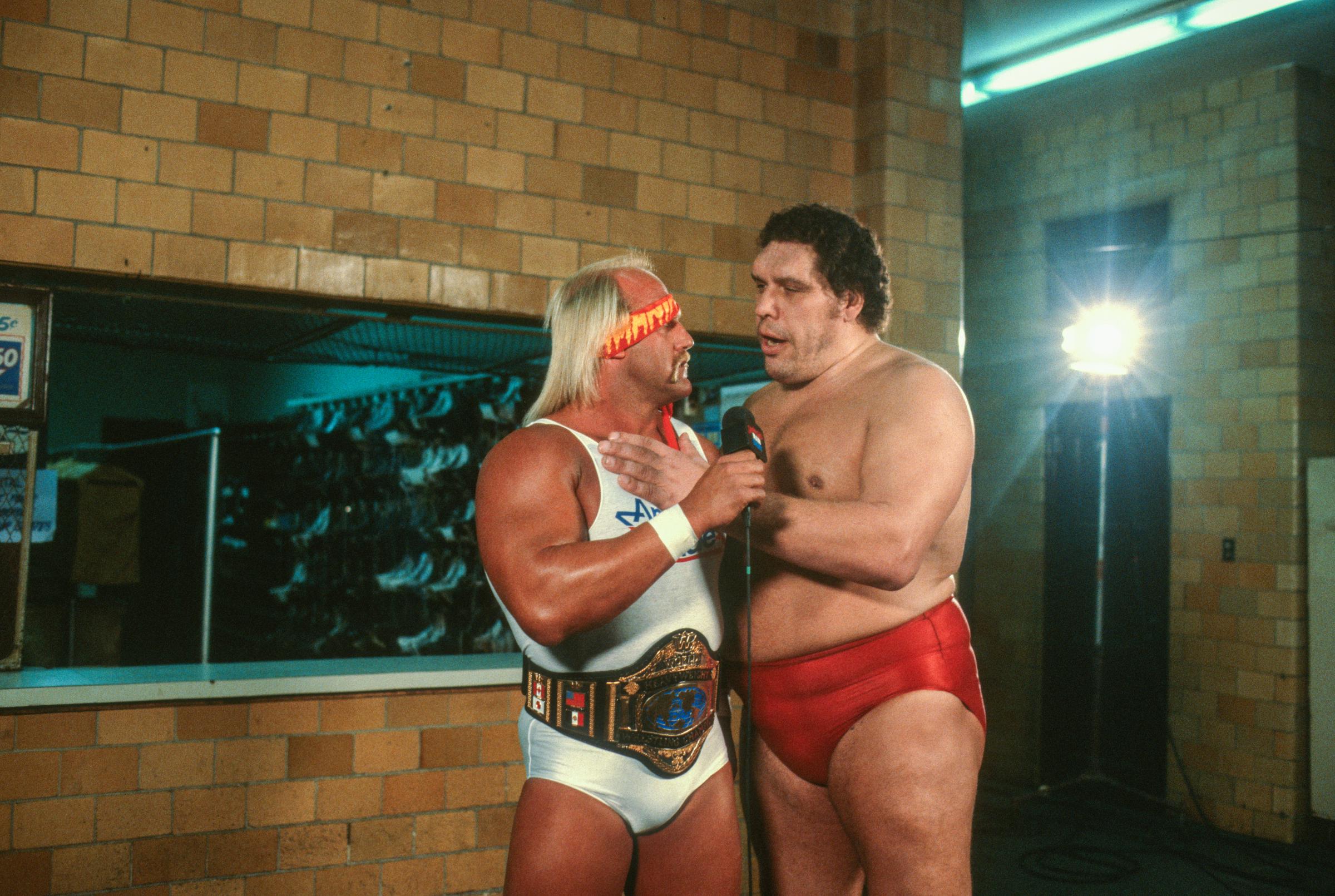 Hulk Hogan and Andre the Giant talk behind the scenes during a WWE event on October 31, 1985 | Source: Getty Images