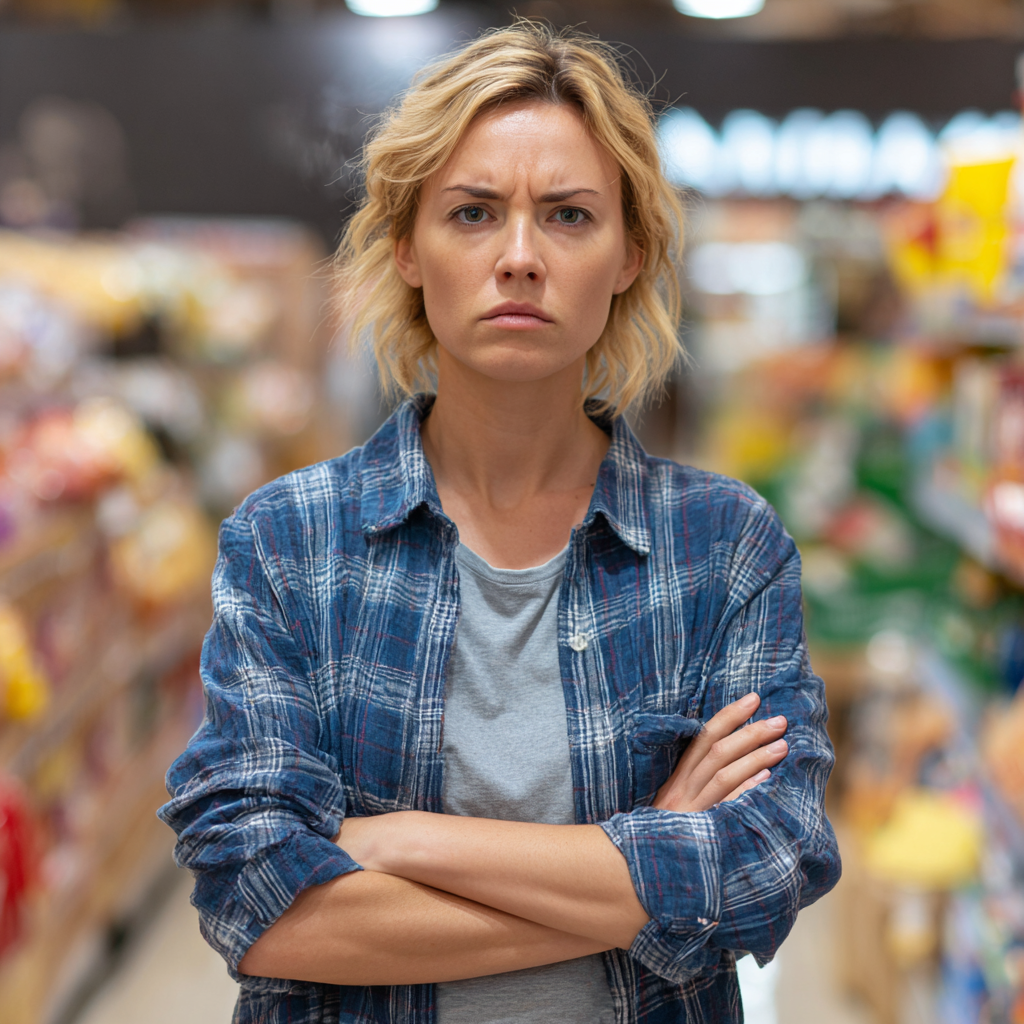 A frowning woman standing in a grocery store | Source: Midjourney