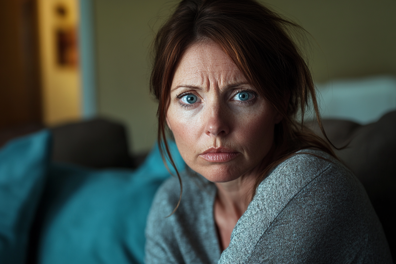 A sad woman sitting on the couch | Source: Midjourney