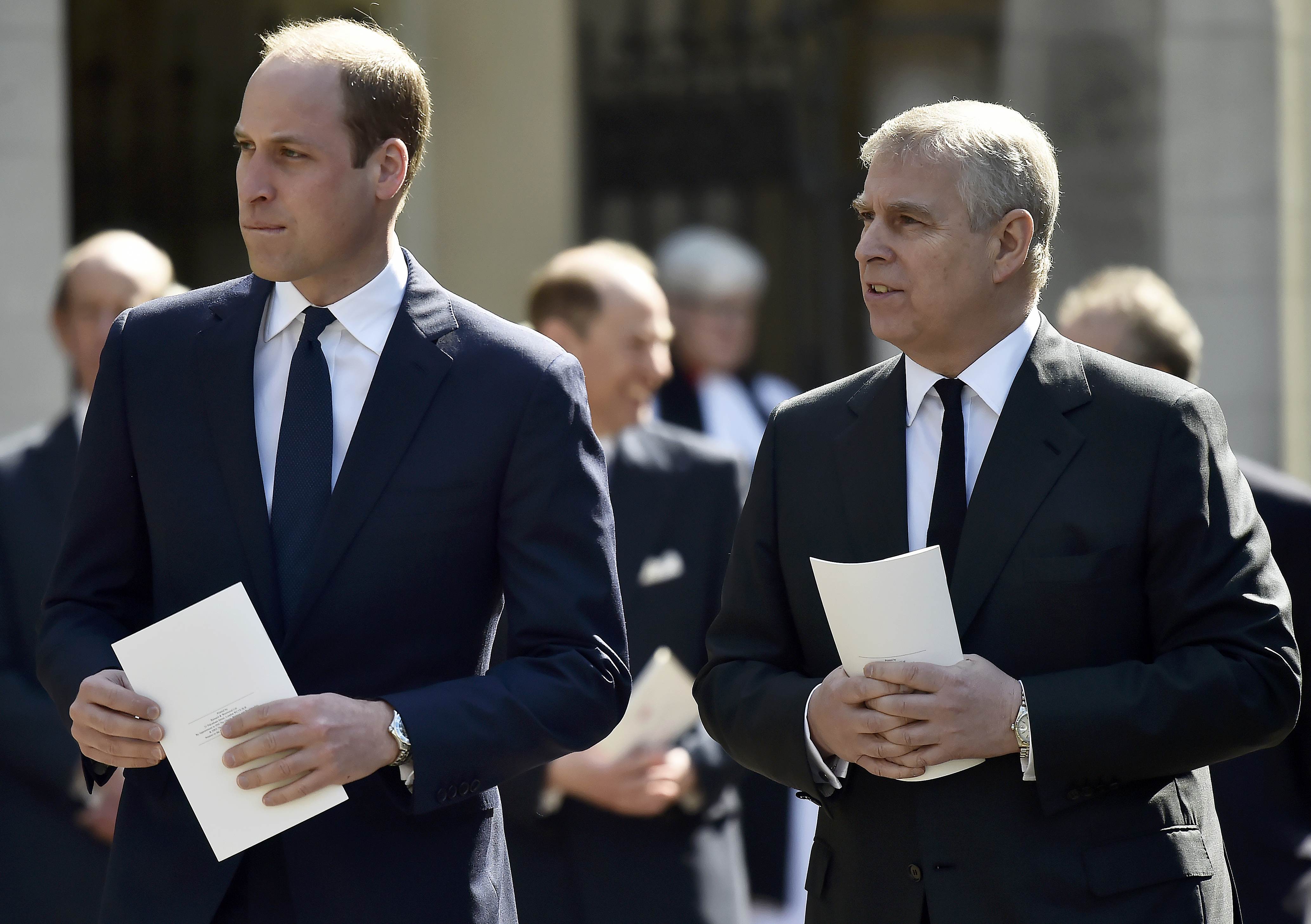 Prince William and Prince Andrew leave a Service of Thanksgiving for the life and work of Lord Snowdon at Westminster Abbey on April 7, 2017, in London, United Kingdom | Source: Getty Images