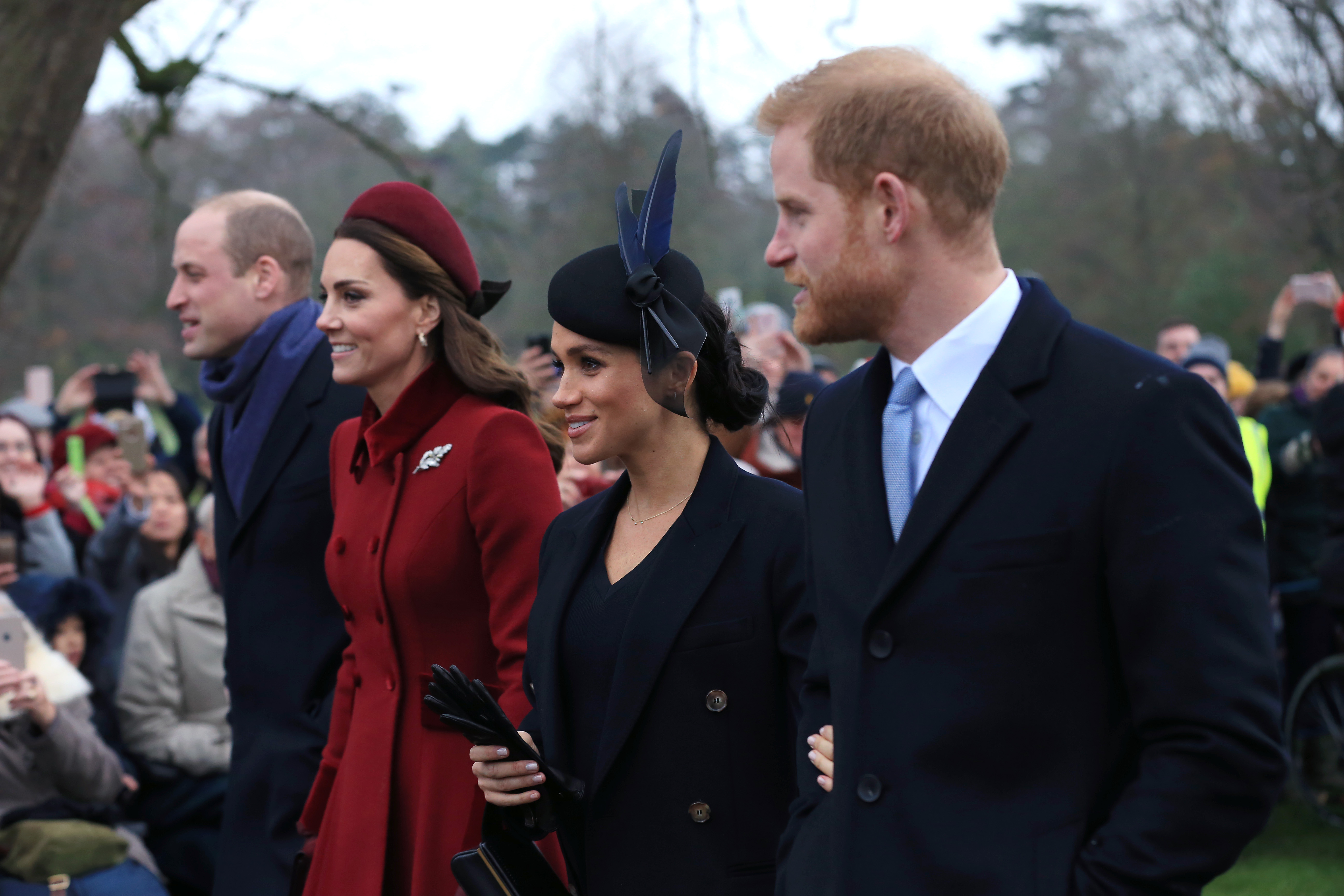 Prince William, Princess Catherine, Meghan, and Prince Harry leave church after the Christmas Day service at Sandringham Estate on December 25, 2018 | Source: Getty Images
