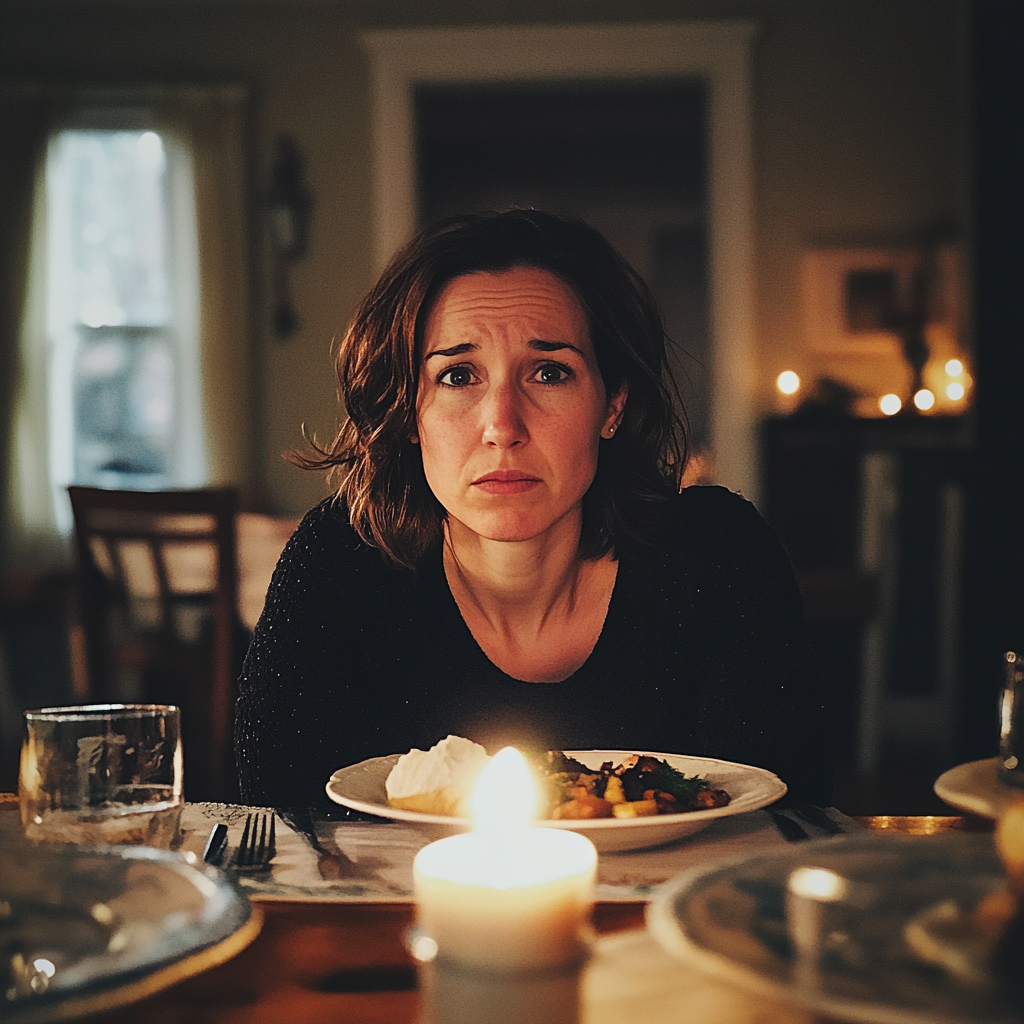 An upset woman sitting at a table | Source: Midjourney