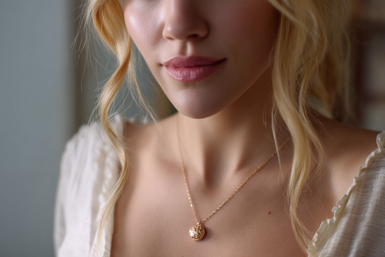 Close-up shot of a woman wearing a gold locket | Source: Midjourney