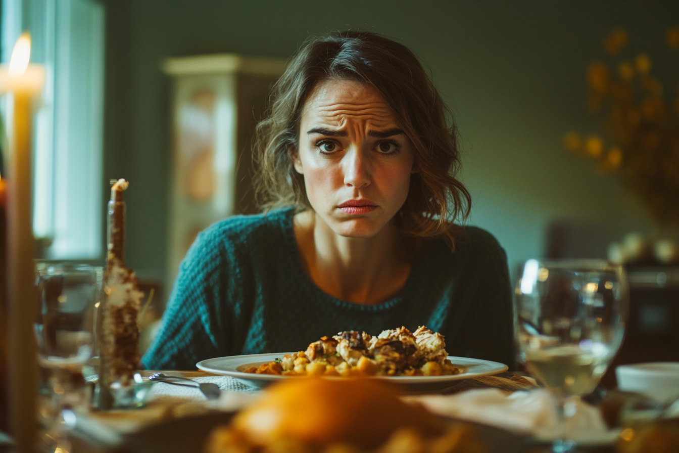 A worried woman at the dinner table | Source: Midjourney