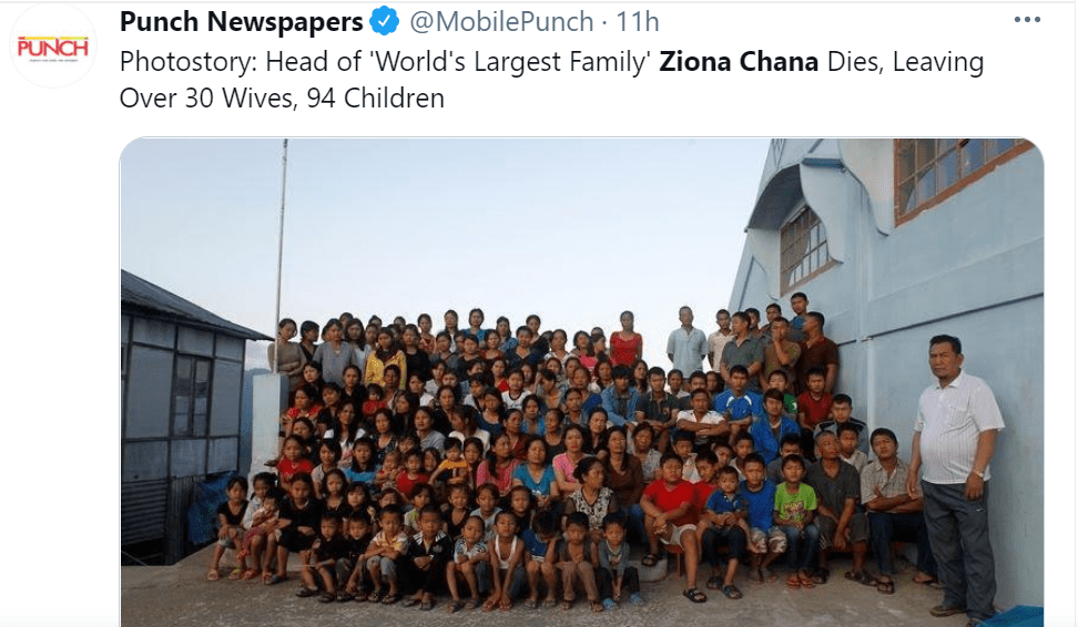 Pictured - Ziona Chana and his family pose outside their 100-room residence | Twitter/@MobilePunch