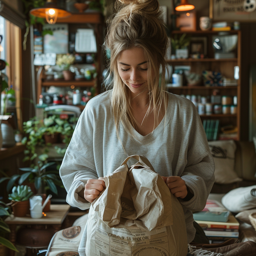 A blonde woman packing a bag | Source: Midjourney