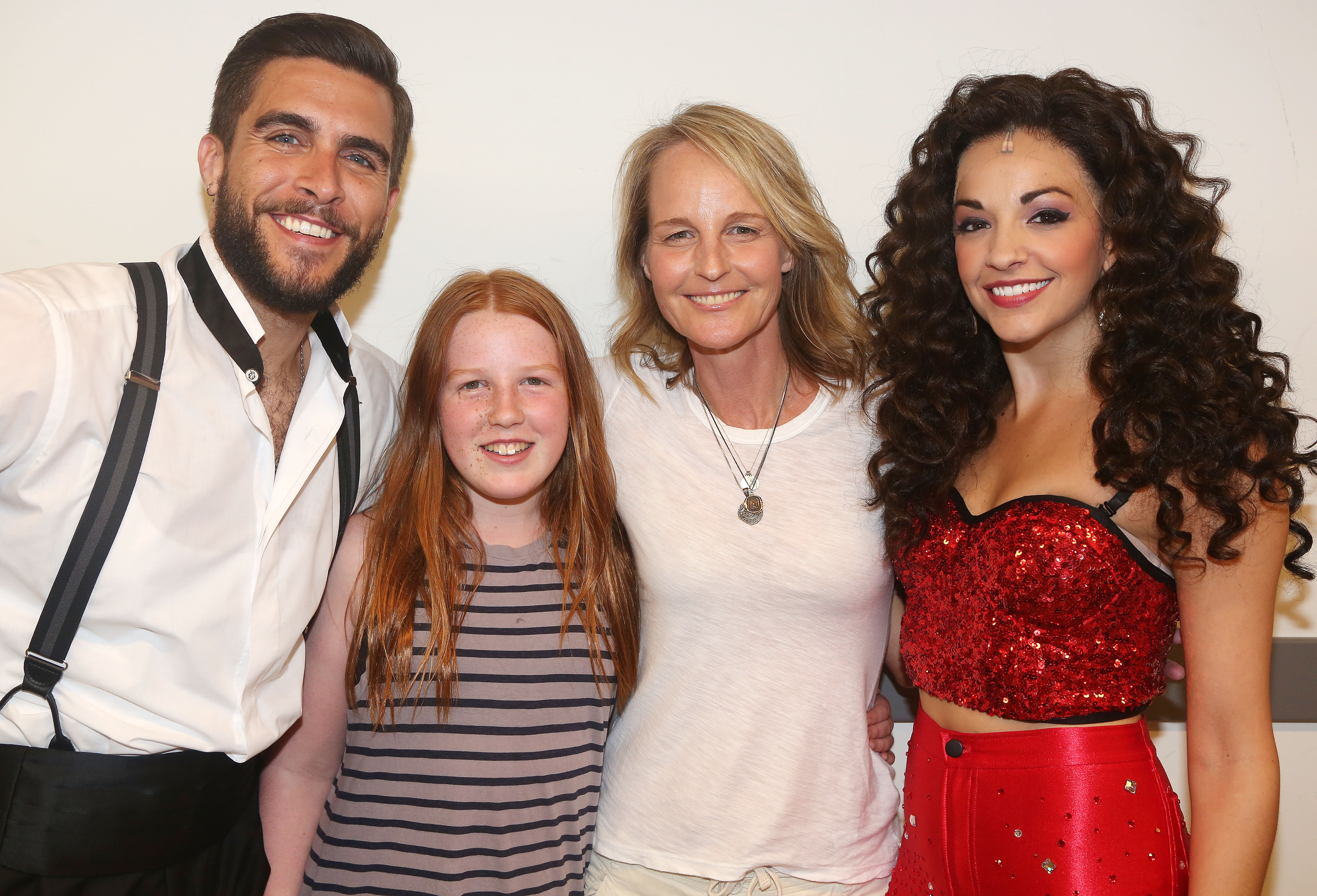 Josh Segarra, Makena Lei Gordon Carnahan, Helen Hunt and Ana Villafane post backstage at the hit Gloria Estefan & Emilio Estefan musical "On Your Feet! on Broadway on June 22, 2016, in New York City. | Source: Getty Images