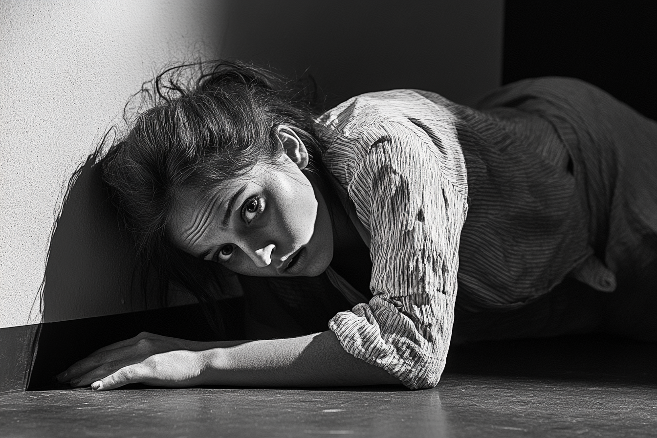 Grayscale shot of a woman crawling on the floor | Source: Midjourney