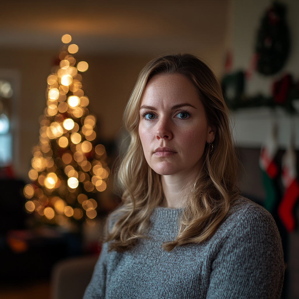 A determined woman sitting in her living room during Christmastime | Source: Midjourney