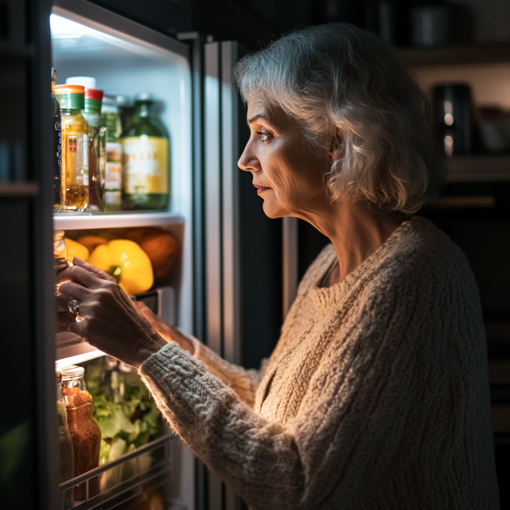 A woman going through her fridge | Source: Midjourney