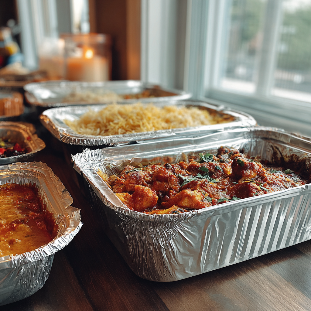 Silver containers of takeout food on a counter | Source: Midjourney