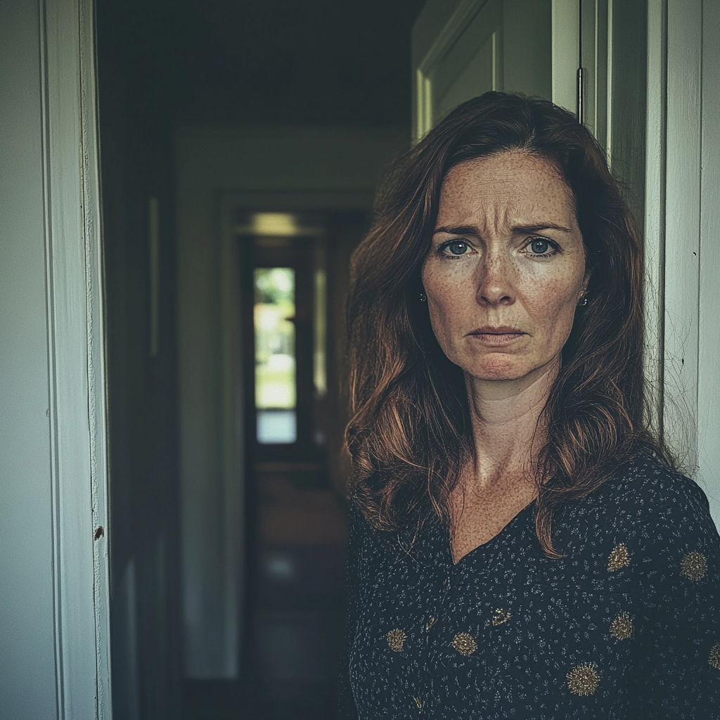 An upset woman standing in a doorway | Source: Midjourney