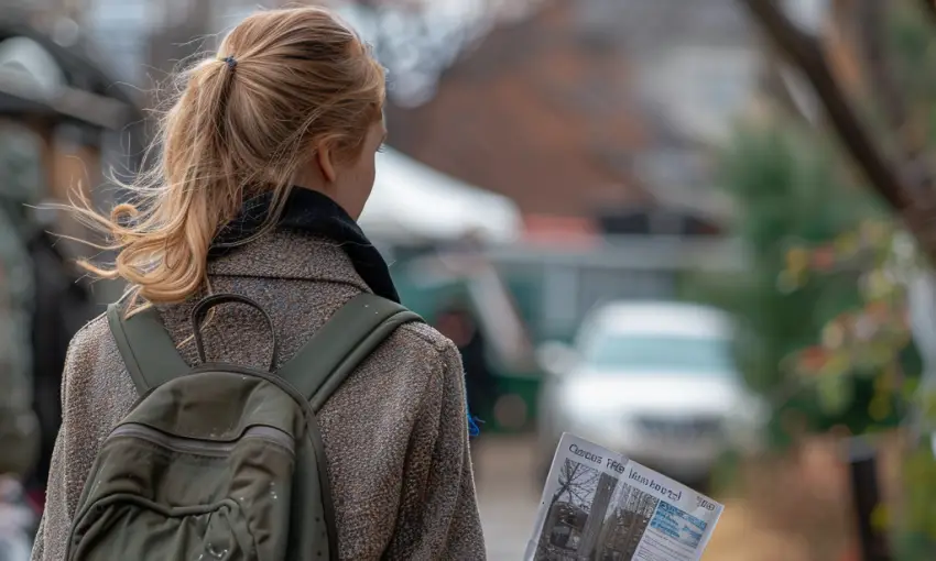 Amy walking away from Helens house, poster in her hand | Source: Midjourney