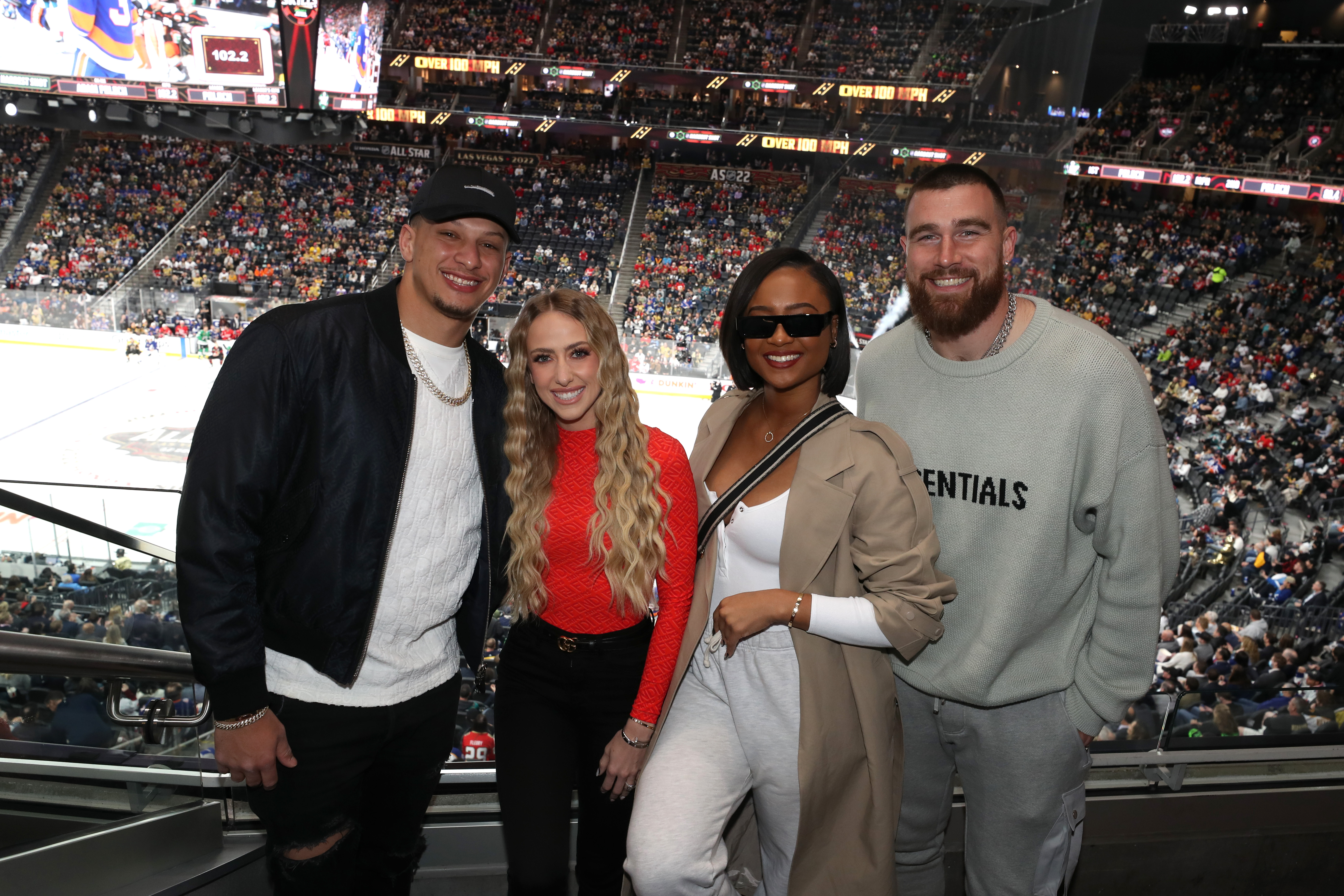 Patrick Mahomes, Brittany Matthews, Kayla Nicole, and Travis Kelce at the NHL All-Star Skills during the NHL All-Star Weekend on February 4, 2022, in Las Vegas, Nevada | Source: Getty Images