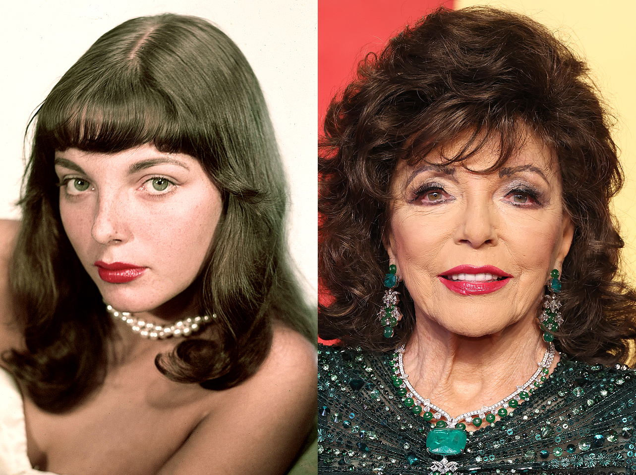 Joan Collins in her younger years and her now. | Source: Getty Images