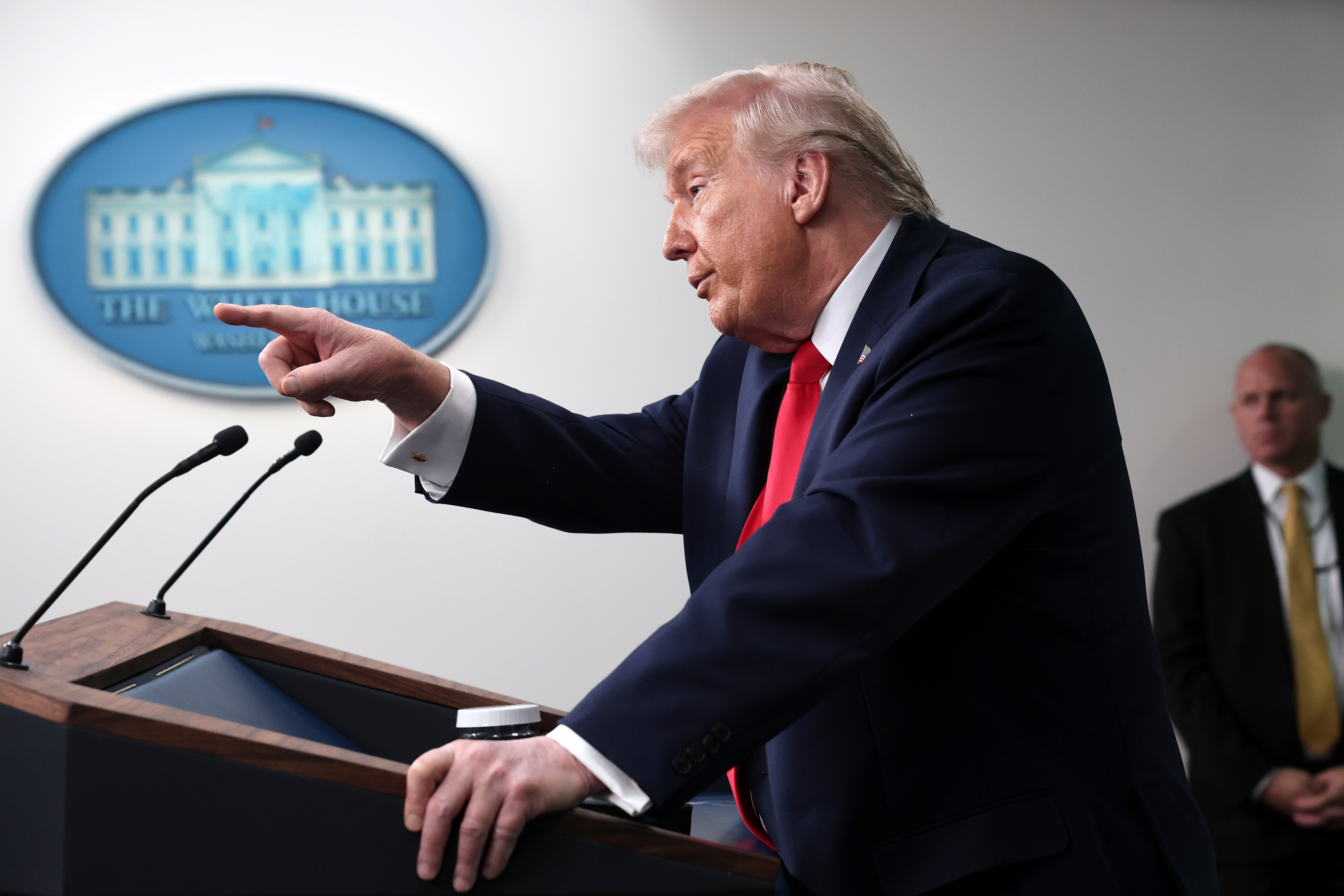 Donald Trump speaks during a briefing in the Brady Briefing Room of the White House in Washington, DC, on January 20, 2026 | Source" Getty Images