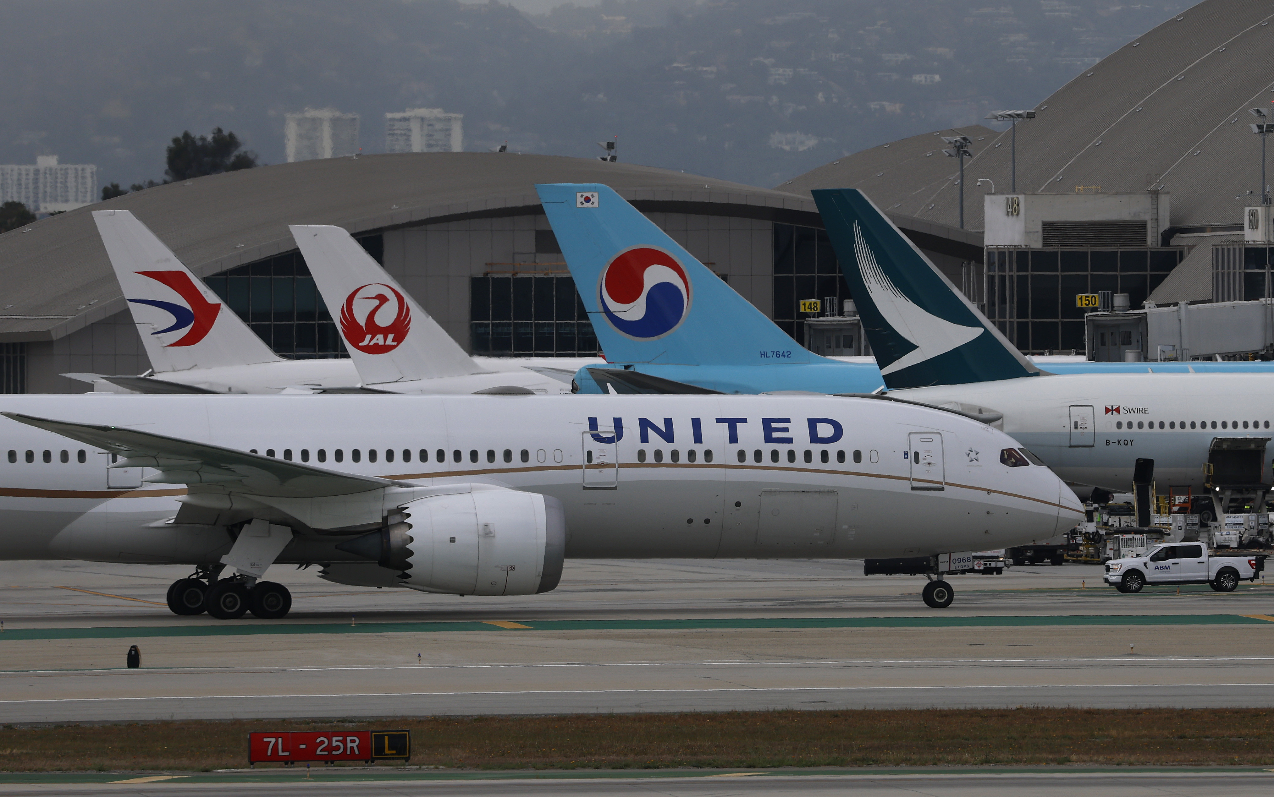 A United Airlines plane taxis at Los Angeles International Airport on April 21, 2026 in Los Angeles, California. | Source: Getty Images